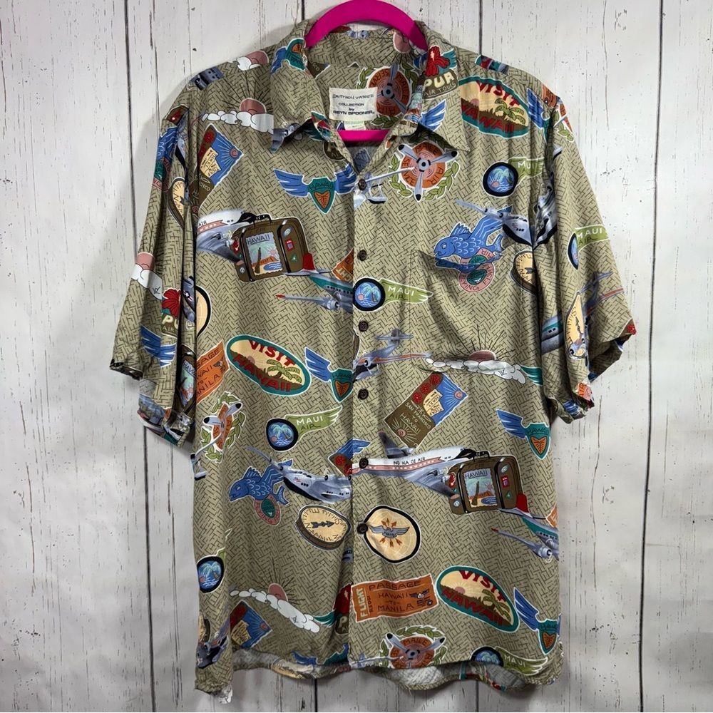 Reyn Spooner Jetrich Varez Hawaii Aloha Travel Print Rayon Shirt Mens Vacation L